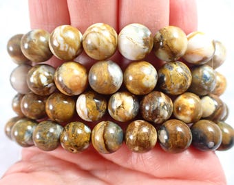 Lovely Natural Brown Opal Crystal Beaded Bracelet - 10mm Large Round Smooth Beads - Brown Gold White Opaque Beads - Brown Opal #BRCLT#1194