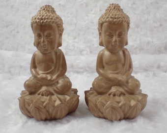 Adorable Baby Buddha on Lotus Wooden Carving - 3.5 Inch Buddha Figurine - Beige Gray Soft Wood Carving - Lotus Buddha Figurine #RELGS#1026