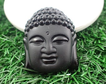 Bold Black Obsidian Buddha Crystal Pendant - Shiny Matte Black Buddha Head - 1.75 Inch Black Obsidian Crystal Buddha Pendant #PNDNT#1051