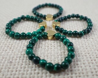 1 Piece Malachite Beaded Adjustable Natural Crystal Heart Ring - Green Beads Gold Heart - Elastic Adjustable Malachite Heart #RINGS#1025