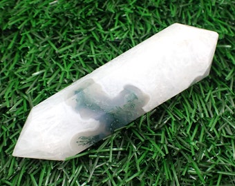 Delicate Beautiful Textured Moss Agate DT Point - Green White Faceted Crystal - 3.75 Inch DT Point - Two Sharp Points Crystal #DTPNT#1025