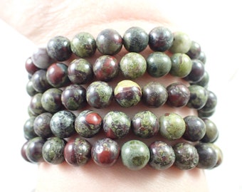 One Bloodstone Crystal Beaded Bracelet - 8mm Smooth Round Beads - Green Red Natural Bloodstone Crystal Bead Bracelet - #BRCLT#1015
