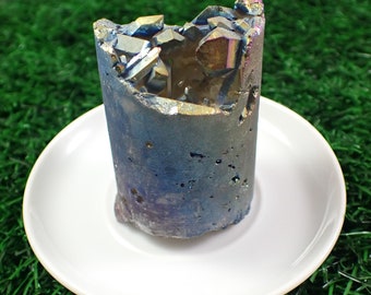 Dark Titanium Aura Quartz Crystal Cylinder - Round Textured Cluster Top - 2.25 Inch Cylinder Crystal Cluster - Titanium Quartz #CYLDR#1011
