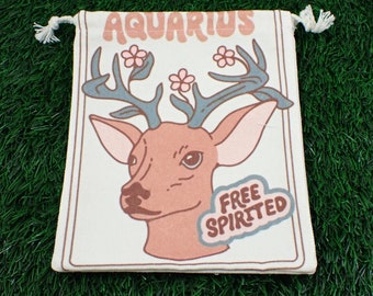 1 Piece Aquarius Deer Linen Fabric Crystal Pouch - Beige Pink White Teal - Aquarius Zodiac Tarot Card Bag - 6.5x5.75 Inches Bag #POUCH#1035
