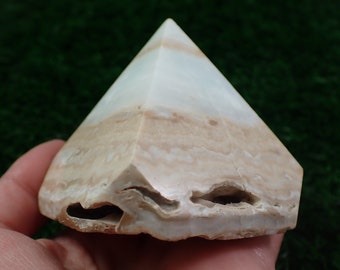 Large Natural Caribbean Calcite Crystal Pyramid - Thick Heavy Textured Pyramid - 2.5 Inch Aqua Blue Brown White - Smooth Pyramid #PYRMD#1004