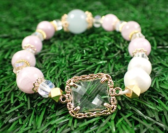 One Beaded Crystal Bracelet Kunzite Aquamarine Clear Quartz - Stretch Stackable Bead Bracelets - Clear Faceted Quartz Crystal #JEWEL#1019