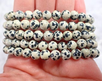 One Dalmatian Jasper Crystal Bracelet - 6mm Smooth Round Beads - Beige Black Opaque - Natural Dalmatian Crystal Bead Bracelet #BRCLT#1216