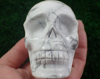 Large Bright White Howlite Crystal Skull - Smooth Polished Carving - Human Skull Replica - White Gray Vein Crystal - 3 Inch Skull SKULL#1048