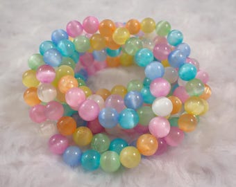 One Rainbow Selenite Crystal Beaded Bracelet - 8mm Smooth Round Beads - Rainbow Selenite Charging Crystal Beaded Bracelet #BRCLT#1160