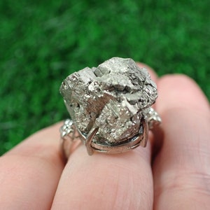 1 Piece Pyrite Raw Natural Crystal Flower Ring - Gold Textured Raw Pyrite - Adjustable Silver Band - Flower Pyrite Crystal Ring #RINGS#1065