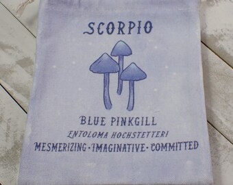 1 Piece Scorpio Mushroom Linen Fabric Tarot Card Pouch - Blue White Scorpio Zodiac Crystal Bag - 6.75x5.5 Inch Scorpio Shrooms #POUCH#1038