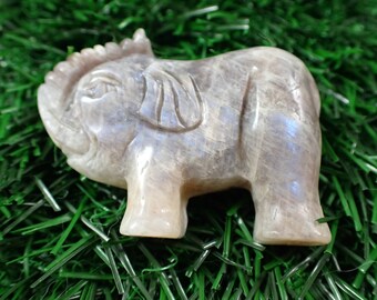 Flashy Blue Moonstone Elephant Crystal Carving - Beige Gray Blue Flat Back - 2 Inch Natural Moonstone - Elephant Crystal Decor #ANMLS#1072