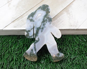 Natural Green White Moss Agate Crystal Yeti - Big Foot Sasquatch Druzy Pockets - Abominable Snowman Crystal - Large 4 Inch Yeti #CRVNG#2075