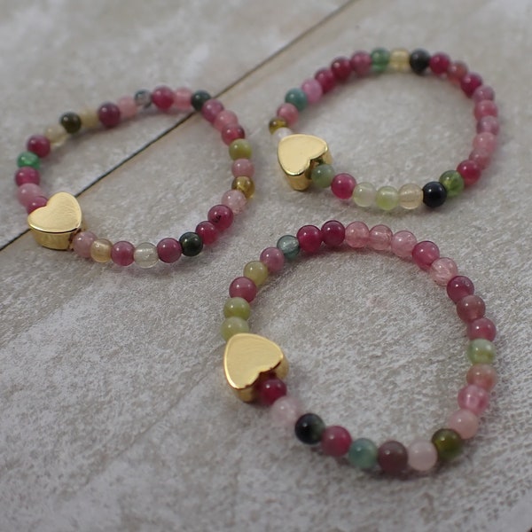 1 Piece Watermelon Tourmaline Beaded Crystal Heart Ring - Tiny Dainty Beaded Stretch Ring - Pink Green Gold - 2mm Watermelon #RINGS#1045