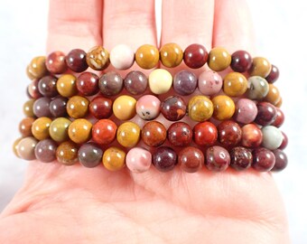 One Mookaite Jasper Crystal Bracelet - 6mm Smooth Round Beads - Mustard Maroon Tan - Natural Mookaite Crystal Bead Bracelet - #BRCLT#1209