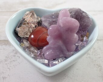 Pisces Crystal Bowl Set - All Pieces Included - Glass Heart Bowl - Lepidolite Fairy - Black Tourmaline - Carnelian Heart - Amethyst Citrine