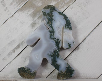 Natural Green White Moss Agate Crystal Yeti - Big Foot Sasquatch Druzy Pockets - Abominable Snowman Crystal - Large 4 Inch Yeti #CRVNG#2105