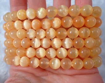 One Melon Peach Selenite Crystal Beaded Bracelet - 8mm Smooth Round Beads - Orange Selenite Charging Crystal Beaded Bracelet #BRCLT#1185