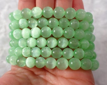 One Light Green Selenite Crystal Beaded Bracelet - 8mm Smooth Round Beads - Green Selenite Charging Crystal Beaded Bracelet #BRCLT#1184