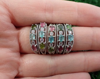 1 Piece Adjustable Blue, Pink, Green Tourmaline, Clear Quartz Crystal Ring - Silver Stainless Steel Band -  Crystal #RINGS#1070