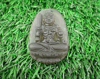 Black Ice Obsidian Crystal Pendant - Big Asian Man Oval Carving - 2 Inch Large Gray Ice Obsidian Pendant - Gray Religious Figure #PNDNT#1028
