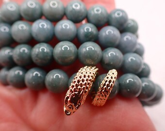 Beautiful Natural Blue Water Jade Crystal Bracelet - Crystal Snake Bead Bracelet - 8mm Round Beads - Gold Metal Sliding Snake #BRCLT#1249