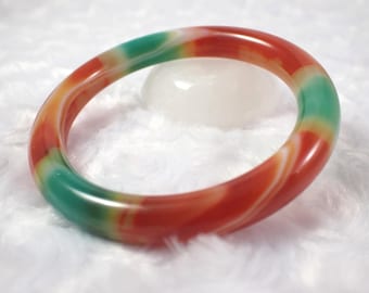 59.1mm Bright Agate Crystal Bangle Bracelet - Orange Green Banded Crystal Bracelet - Round Inside Dyed Agate - Smooth Bangle #JEWEL#1228