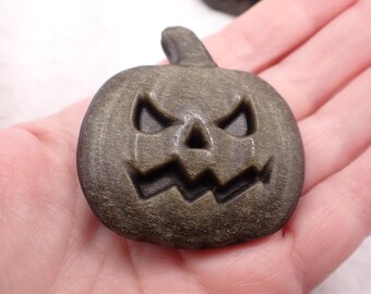 Scary Pumpkin JackoLantern Crystal - Golden Obsidian 2 Inch Pumpkin Face - Black Gold Holiday Decorations for Halloween Pumpkin #CRVNG#2274