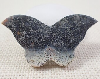 Beautiful Natural Palm Root Crystal Butterfly Carving - Black Blue White Smooth Double Sided Crystal - 2.25 Inch Flat Butterfly #ANMLS#1236