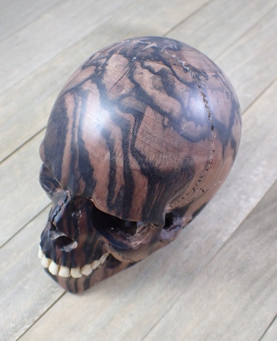 1 Piece Brown Charcoal Wooden Skull Carving - Heavy Wood Carved