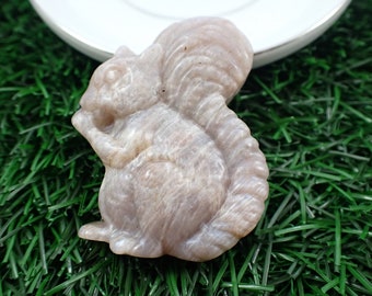 Blue Flash Rainbow Moonstone Crystal Squirrel Carving - Textured Blue Flash Moonstone - Textured Beige Blue Crystal Squirrel #ANMLS#1229