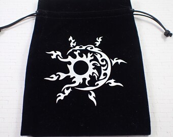 1 Piece Black Fabric Crystal Pouch - Flaming Sun Design - Black Velvety White Large Sun Tarot Card Bag - 7x5 Inch Single Sided #POUCH#1026