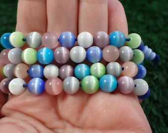One Colorful Cats Eye Crystal Beaded Bracelet - 8mm Smooth Round Beads - White Purple Peach Aqua Blue - Cats Eye Beaded Bracelet #BRCLT#1127