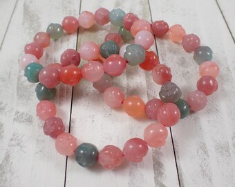 One Natural Yanyuan Buddha Head Crystal Beaded Bracelet - 10mm Buddha Beads - Pink Green Stretch Crystal Buddha Yanyuan Bracelet #JEWEL#1309
