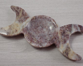 1 Piece Jasper Triple Moon Crystal Bowl - Small Smooth Polished Natural Crystal Bowl - Flat Tray Bowl for Crystals White 3 Moons #BOWLS#1052