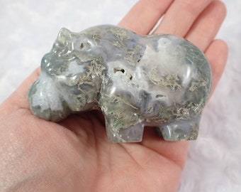 Natural Moss Agate Crystal Hippopotamus Carving - Standing Crystal Green White Hippo - 3 Inch Hippo - Green White Moss Agate #ANMLS#1172
