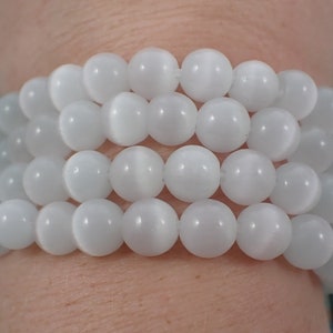 One White Cats Eye Crystal Beaded Bracelet - 8mm Smooth Round Beads - Bright White Cats Eye Crystal Beads - Shiny White Bracelet #BRCLT#1099