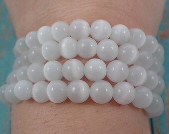 One White Cats Eye Crystal Beaded Bracelet - 8mm Smooth Round Beads - Bright White Cats Eye Crystal Beads - Shiny White Bracelet #BRCLT#1099