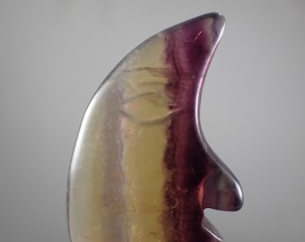 Beautiful Banded Fluorite Moon Face Carving - Natural Fluorite Crystal 1.75 Inch Moon - Purple Yellow Striped Fluorite Moon #MOONS#1000