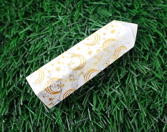 Gold Stars Moons White Howlite Crystal Tower - Opaque Smooth Polished - Faceted Crystal Tower - 3 Inch White Gray Howlite Tower #TOWER#1279