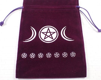1 Piece Purple Fabric Crystal Pouch - Triple Moon Pentagram - Purple Velvety Pentagram Tarot Card Bag - 7x5 Inch Single Sided #POUCH#1013