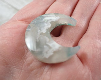 Small Dyed Moss Agate Crystal Moon Cabochon - Smooth Polished Resin Back Crystal Moon - White Teal Gray 1.25 Inch Moss Agate  #CBCHN#1094