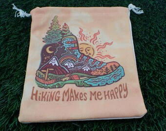 Happy Hiking Linen Fabric Tarot Card Pouch - Orange Green Brown Crystal Bag - 6.25x5.25 Inch Tarot Card Bag - Hiking Boot Pouch #POUCH#1051
