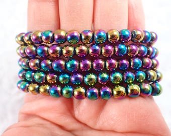 One Titanium Aura Quartz Crystal Bead Bracelet - 6mm Smooth Round Beads - Shiny Rainbow Crystal Bracelet - Stacking Bracelet #BRCLT#1214