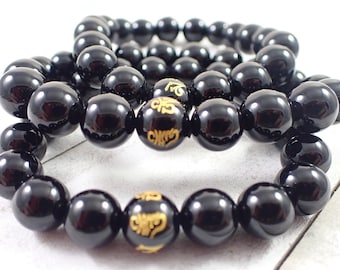 One Black Obsidian Crystal Bead Bracelet - 9mm Smooth Round Beads - Shiny Black Obsidian Crystal Bracelet - Gold Asian Bead - #BRCLT#1044