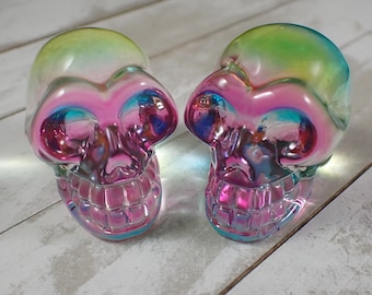 1 Piece Pink Blue Yellow Glass Skull Figurine - Translucent Blue Pink Yellow - Clear Human Skull Replica Glass - 2 Inch Skull #GLASS#1018