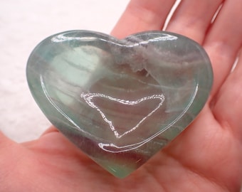 Pretty Natural Rainbow Fluorite Heart Shaped Crystal Bowl - Smooth Polished Bowl - Tray for Crystals - 2.5 Inches Green Purple #BOWLS#1136