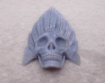 Amazing Natural Blue Lace Agate Crystal Skull Carving - Blue Feather Headdress Skull - Blue Lace Agate Crystal - 4 Inch Decor #SKULL#1054