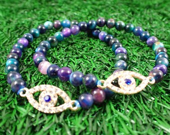 One Dyed Tiger Eye Jasper Evil Eye Crystal Bracelet - 6mm Smooth Round Beads - Blue Purple Gold - Tiger Evil Eye Bead Bracelet - #JEWEL#1308
