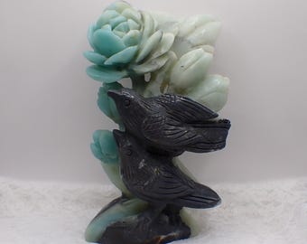 Trolleite  Crystal Bird's and flower Carving - Large Blue Gray Bird Figurine - 6 Inch Trolleite Crystal Bird - Standing Natural #ANMLS#1272